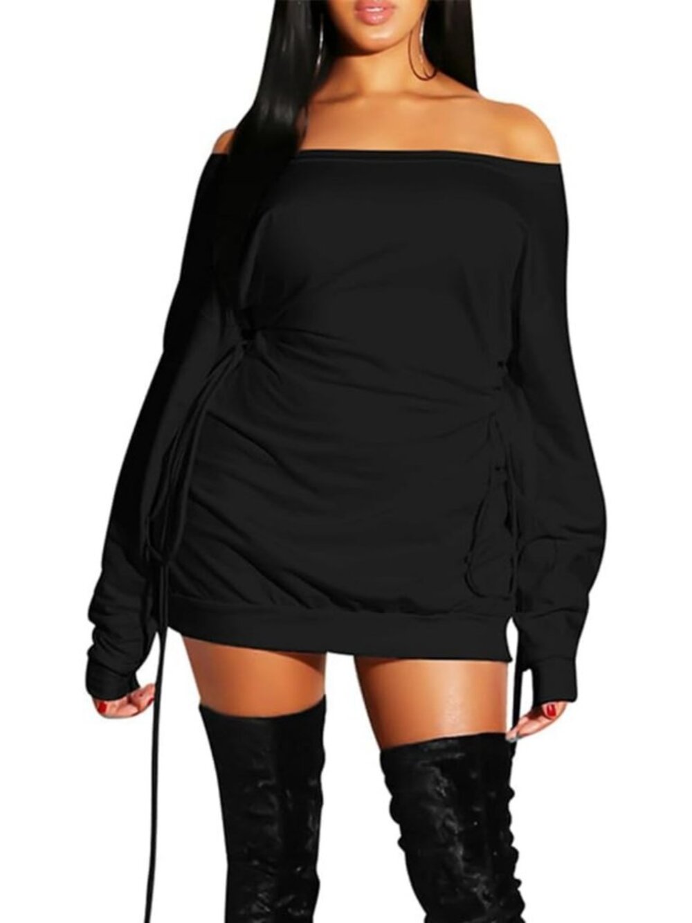 Chic Off Shoulder Long Sleeve Loose Mini Dress for Club & Party Wear